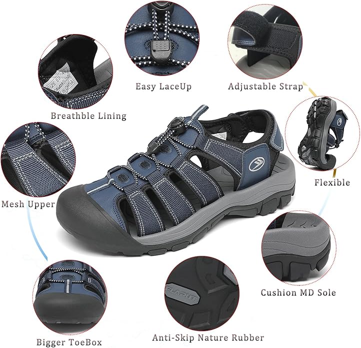 FLARUT Men's Athletic Sandals - Closed Toe Sport Hiking & Outdoor Walking Water Sandals with Anti-Slip Cushioning and Breathable Mesh