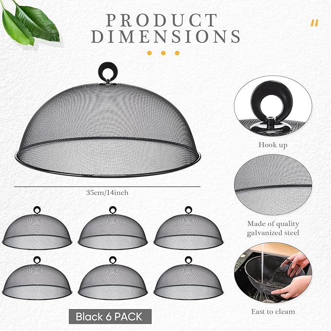 Gerrii 6 Pcs Metal Mesh Food Cover Outdoor Mesh Food Tents Dome Screen Plate Covers for Dinner Plates Reusable Fruit Fly Nets Picnic Food Umbrella for Table, BBQ, Camping, Party (Black,14 Inch)