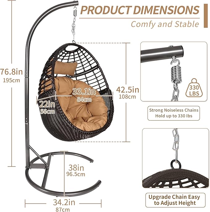 TWT Hanging Egg Chair with Stand, 330lbs Capacity Patio Wicker Egg Swing Chair with UV Resistant Cushion for Bedroom Garden Indoor Outdoor (Dark Brown)