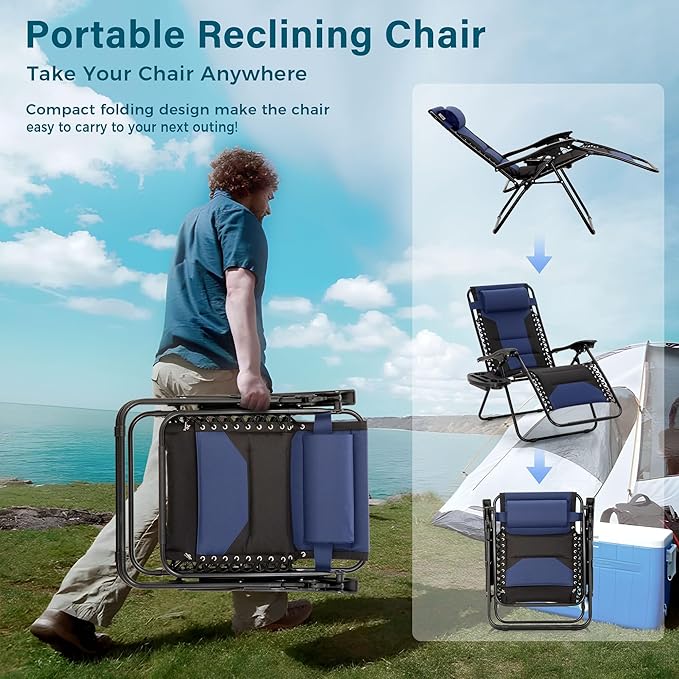 MFSTUDIO Padded Zero Gravity Chair Set of 2, Folding Patio Lounge Recliner with Adjustable Pillows & Cup Holder for Poolside Backyard, Support 400lbs(Navy Blue)