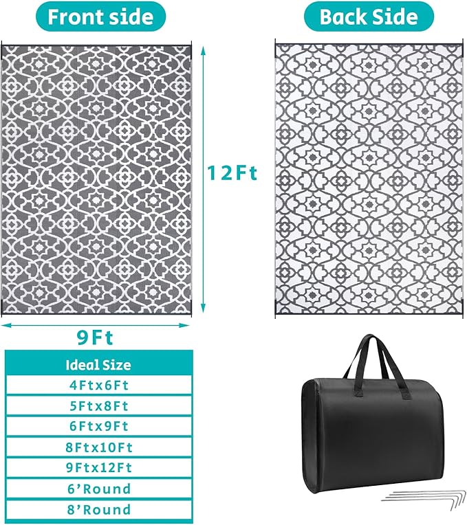 HEBE Outdoor Rug Waterproof 9x12, Plastic Straw Rug Camping Rug, Reversible Outdoor Patio Rugs RV Mat Clearance, Indoor Outside Floor Carpet for Porch,Deck,Camper,Balcony,Backyard