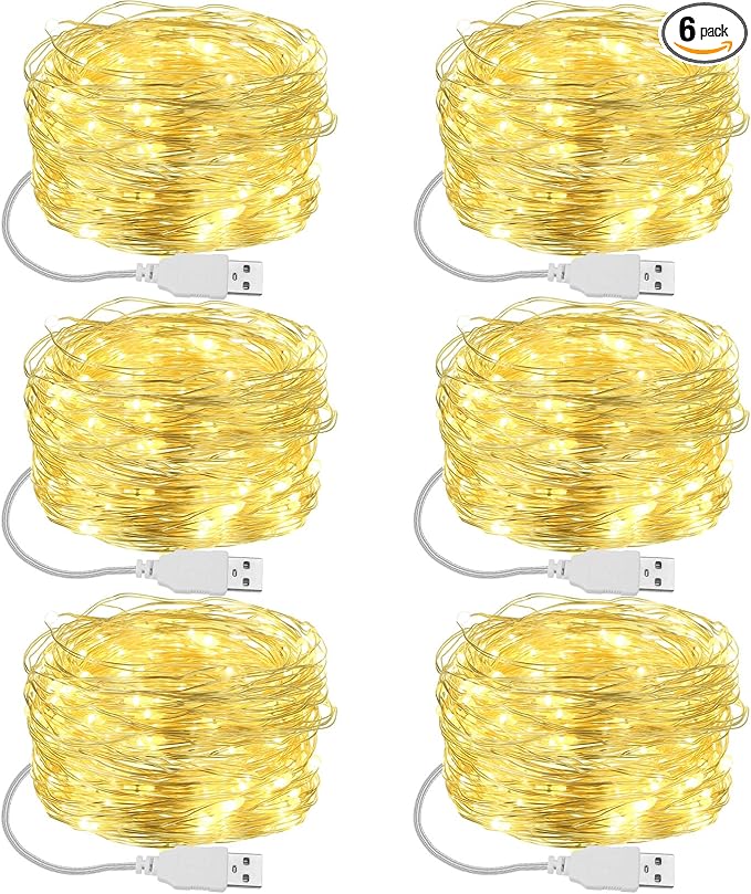 Macarrie 6 Pack Fairy Lights USB Powered 16 ft 50 LED Warm White String Lights Plug in for Xmas Indoor Outdoor Party Wedding Home Festival Tree Garden Decoration