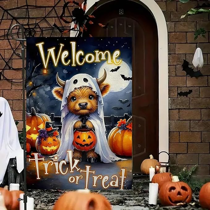 Halloween Garden Flag for Outside 12x18 Inch Double Sided, Cow Pumpkin Small Yard Flags for Outside, Outdoor Welcome Flag Front Porch Decorations for Home