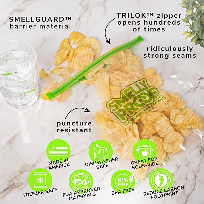 Smelly Proof Reusable Food Storage Bags Designed & MFG, USA MADE, Dishwasher-Safe, Easy-To-Clean, BPA FREE, NO PEVA, Clear FLAT Large 3-mil Thick, 8.5" x 10", Quart Size Ziplock Bags, 10-Pack