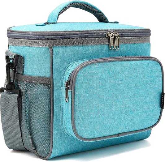 FlowFly Insulated Reusable Lunch Bag Adult Large Lunch Box for Women and Men with Adjustable Shoulder Strap,Front Zipper Pocket and Dual Large Mesh Side Pockets,SeaBlue