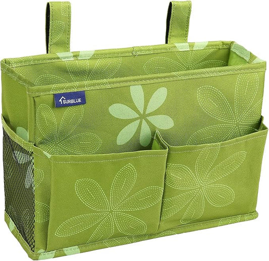 Surblue Bedside Caddy Hanging Bed Organizer Storage Bag Pocket for Bunk and Hospital Beds, College Dorm Rooms Baby Bed Rails,Camp Chiars，Wheelchair Side Bag，4 Pockets and 2 Hooks (Flower)