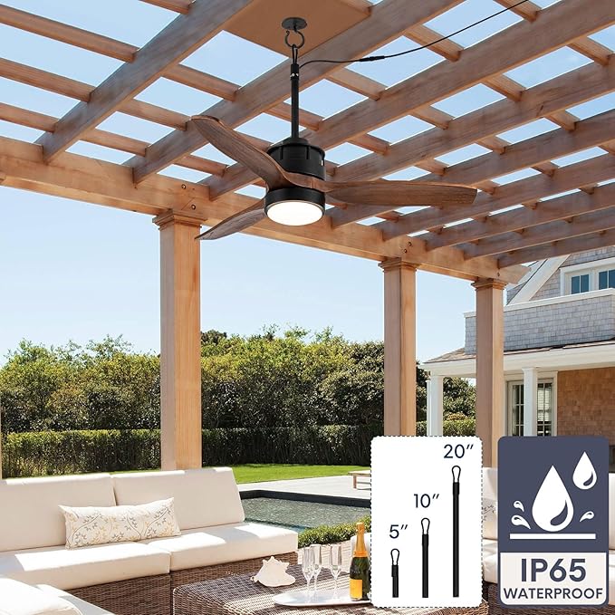 EKIZNSN 42“ Wet Rated Ceiling Fans with Lights Outdoor Hanging for Gazebo Waterproof, DC Motor w 3 Reversible Walnut Wood Blades, Walnut