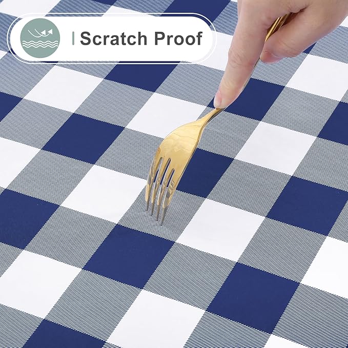 misaya Square Waterproof Vinyl Table Cloth, Buffalo Flannel Backed Tablecloth, Wipeable Plastic Table Cover for Dinner, Kitchen, Outdoor (54" x 54", White and Navy)