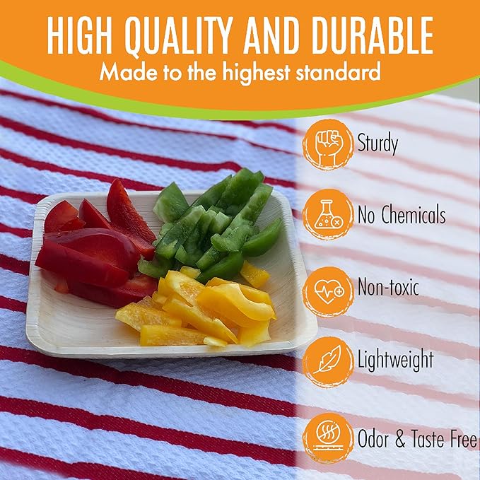 Raj Palm Leaf Bulk Plates 6" 400 Square Plates like Bamboo plates Disposable, Decorative Compostable Tableware for wedding, Lunch, Dinner, Birthday, Camping, Outdoor BBQ, Picnic
