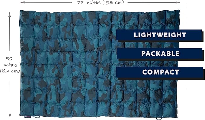 Down Camping Blanket - Puffy, Packable, Lightweight and Warm | Ideal for Outdoors, Travel, Stadium, Festivals, Beach, Hammock | 650 Fill Power Water-Resistant Backpacking Quilt