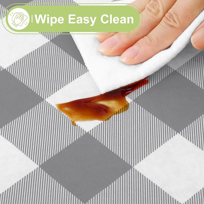 Smiry Round Plastic Table Cloth, Waterproof Vinyl Tablecloth with Flannel Backing, Wipeable Buffalo Plaid Table Cover for Dining, Indoor and Outdoor (Grey & White, 60" Round)