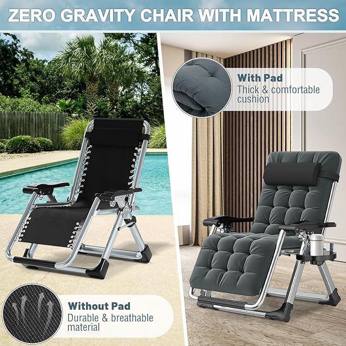 ABORON Zero Gravity Chair,Premium Outdoor Lawn Folding Lounge Chairs,Sturdy Adjustable Reclining Patio Chairs with Removable Cushion,Headrest & Tray