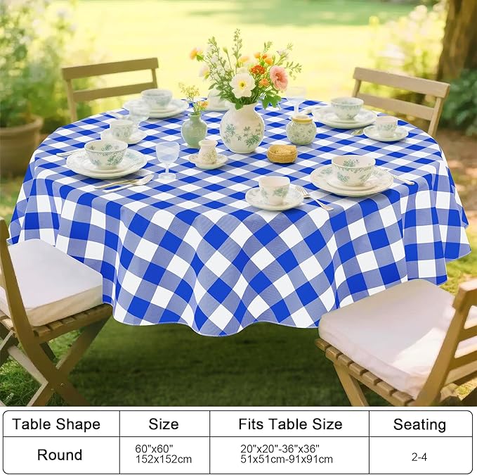 Smiry Round Plastic Table Cloth, Waterproof Vinyl Tablecloth with Flannel Backing, Wipeable Buffalo Plaid Table Cover for Dining, Indoor and Outdoor (Blue & White, 60" Round)