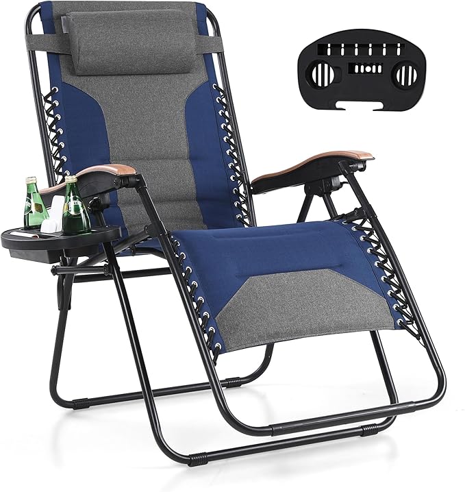 MFSTUDIO Zero Gravity Chairs, Oversized Patio Recliner Chair, Padded Folding Lawn Chair with Cup Holder Tray, Support 400lbs, Cyan