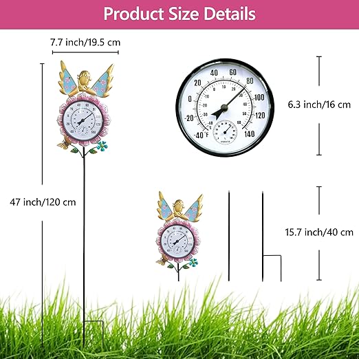 Outdoor Thermometer for Patio - Fairy Garden Stake Thermometer with Decorative Design - 44 inch Outside Temperature Gauge for Yard - Easy to Read, Durable & Weatherproof - Garden Decor