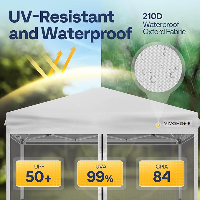 VIVOHOME 8x8ft Easy Pop-Up Canopy, Outdoor Screen Tent with Mosquito Netting, 2 Zipper Doors, and Roller Bag for Yard Camping Picnic Party Events, White