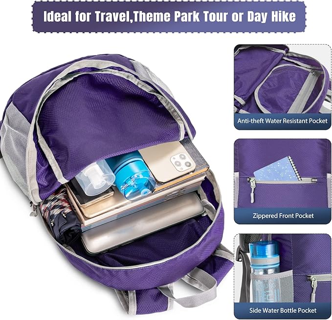 ZOMAKE Ultra Lightweight Hiking Backpack 20L, Packable Small Backpacks Water Resistant Daypack for Women Men(Purple)