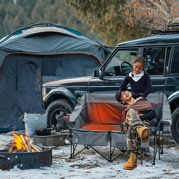 TIMBER RIDGE Heated Double Camping Chair, 700 lbs Heavy Duty Outdoor Folding Camp Couch, Oversized Comfort Loveseat Camping Chairs Perfect for Outdoor Sports, Camping, Lawn(Power Bank not Included)