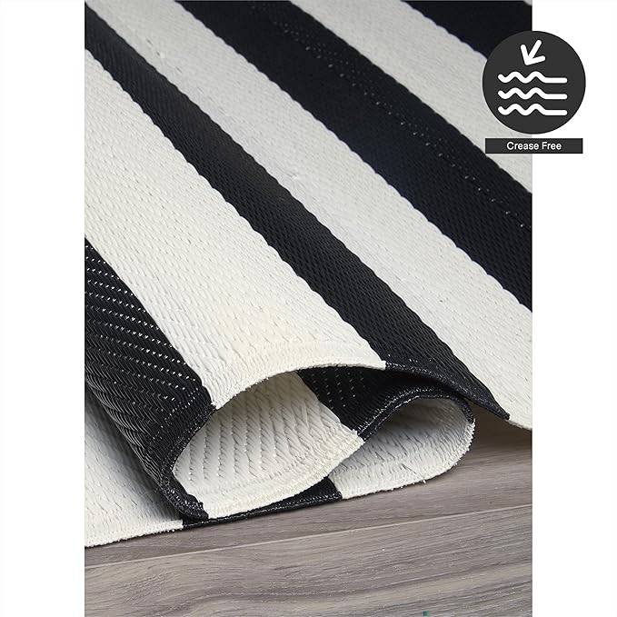 FH Home Outdoor Camping Rug - Waterproof, Fade Resistant, Reversible - Premium Recycled Plastic - Striped - Patio, Deck, Sunroom, RV - Brittany Stripe - Black & White - 5 x 8 ft Foldable