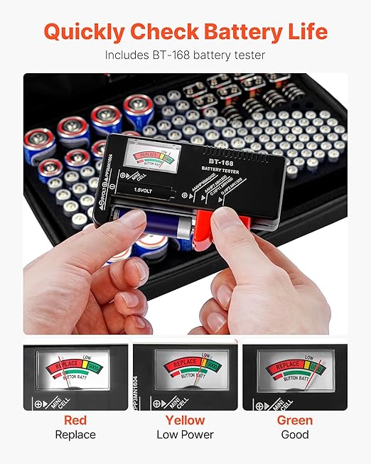 VEVOR Battery Organizer Storage Box, Battery Case Bag with Tester BT-168, Waterproof Batteries Organizer Storage Case with Zipper, Holds 167 Batteries AA AAA C D 9V Button, Black (Box Only)