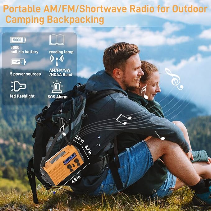 Emergency Radio with NOAA Weather Alert– 5000mAh Solar Hand Crank Portable AM/FM Shortwave Radio, Rechargeable Battery, USB Charger, Flashlight, SOS Alarm for Home Outdoor Hurricane Survival