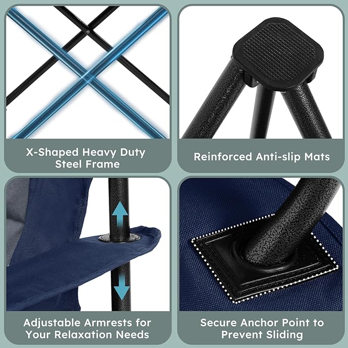Oversized Folding Camping Chairs - 450 LBS Support Heavy Duty Camp Chair with Padded Cushion, Portable Outside Chairs with Carry Bag，Cooler, Cup Holder for Outdoor, Lawn, Sports - Blue