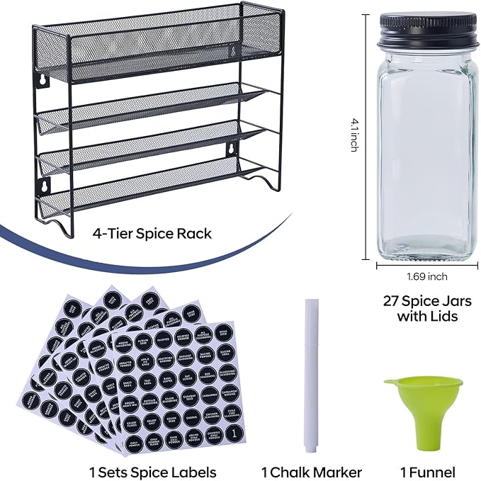 Spice Rack Organizer with 27 Spice Jars with Black Lids, Funnel, Spice Labels, Chalk Marker, Seasoning Organizer for Cabinet, Countertop, Pantry, Kitchen,Cupboard or Door & Wall Mount
