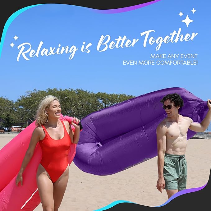 Nevlers 2 Pack Inflatable Loungers Air Sofa Couch | Perfect for Beach Chair Camping Chairs or Portable Hammock |Travel Bag Pouch, Pegs & 3 Pockets| Movie Seating & Camping Accessories Blow Up Lounger