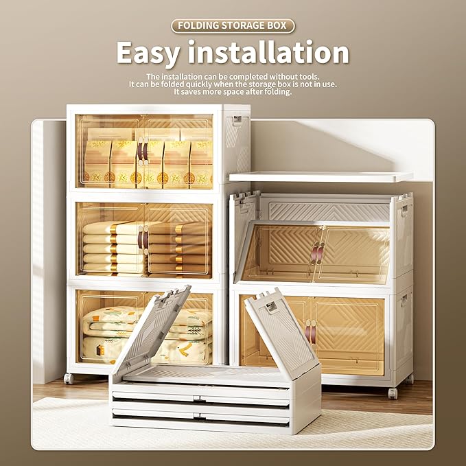 400 QT / 100 Gal Collapsible Storage Bins with Wheels & Magnetic Doors - Stackable Plastic Cabinet Organizer for Home, Garage, Closet (White Space-Saving Containers)