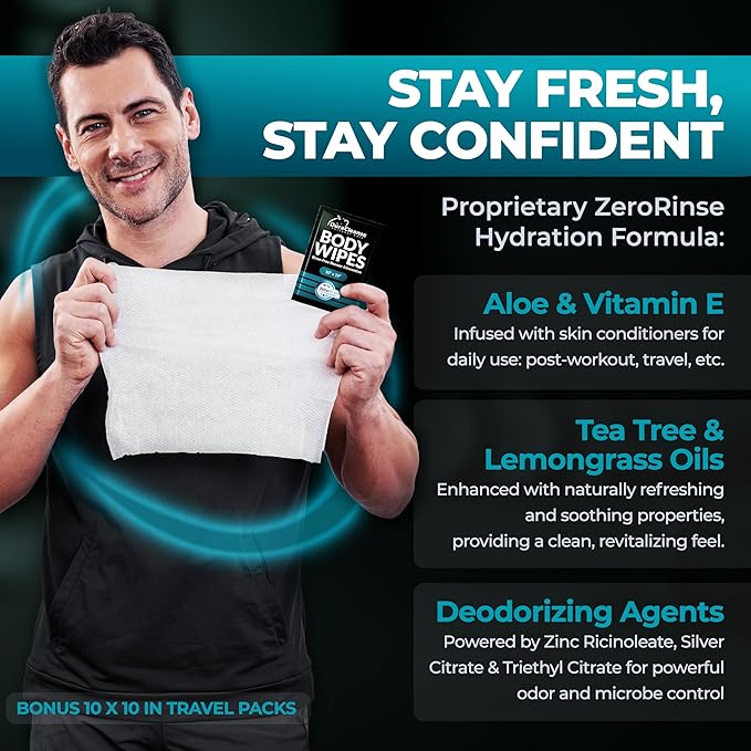 After Gym Body Wipes for Men (4pk) - 200 XL No Rinse Shower Wipes + 16 Travel Bath Sheets - 9"x12" - Mens Deodorant Disposable Washcloths for Bathing, Camping Essentials, Survival Gear and Supplies