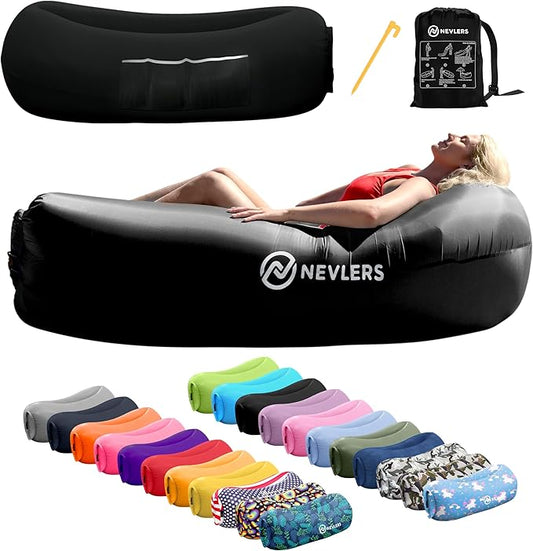 Nevlers Inflatable Lounger | 210T Polyester Inflatable Chair | No-Pump Blow Up Couch | Camping Couch Air Sofa Bed w/ 450 lbs. Cap., Pockets & Matching Bag | Use as Inflatable Couch for Adults & Kids