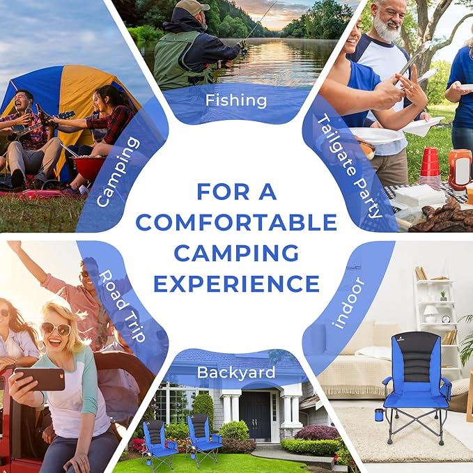 Camping Chairs for Adults, Adjustable Backrest Heavy Duty Oversized Folding Camping Chair Supports 350lbs for Outside with Cup Holder&Side Pocket, Outdoor Folding Camp Chair with High Back (Blue)