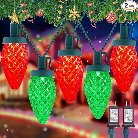 2 Pack C9 LED Christmas String Lights - Each 82ft 100 LED Outdoor String Lights with Timer and 8 Lighting Modes, Plug in Extendable Roofline Lights String for Outside Yard Christmas Holiday Decoration
