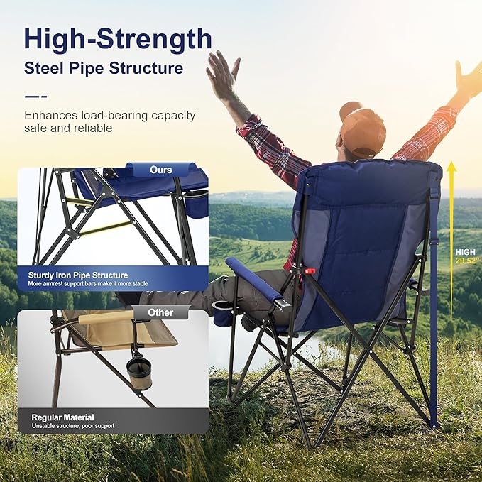 LET'S CAMP Oversized Camping Chairs 29.52" High Back Heavy Duty Lawn Chair Support 500LBS, Portable Collapsible Chair with Cup Holder, Side Pocket,2 Pack(Blue)