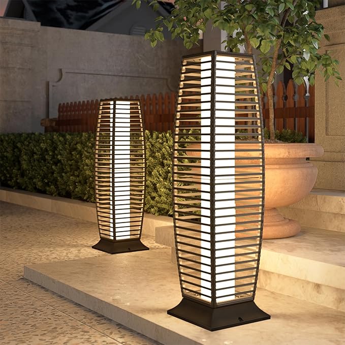 Grand patio 2-Piece Outdoor Floor Lamp Solar Powered Lantern Waterproof Wicker Boho Deck Lights for Garden Porch Decor, Large Crossover