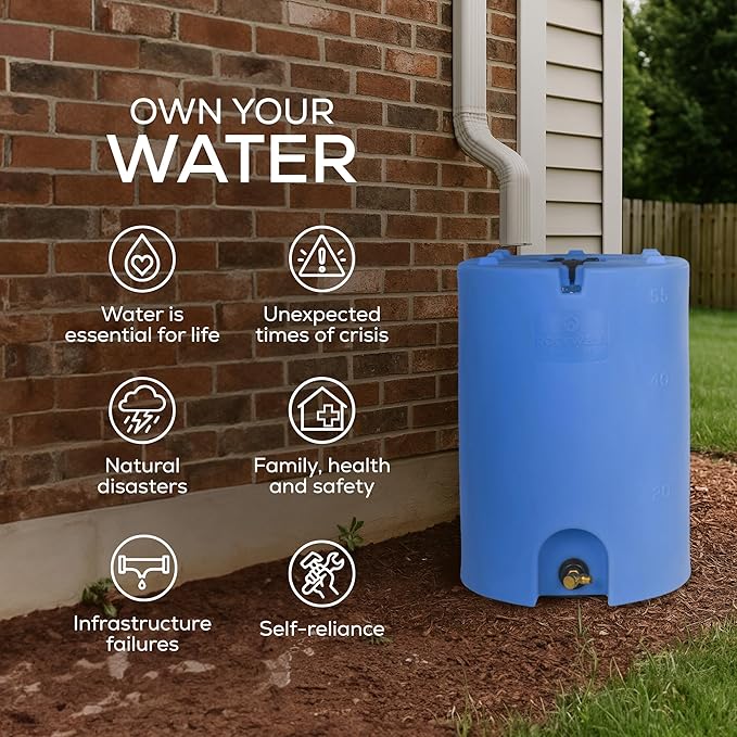 Exodus 55 Gallon Water Storage Tank by Rockwell Products | Compact Water Storage Container for Emergencies | BPA Free, Made in The USA, Blue