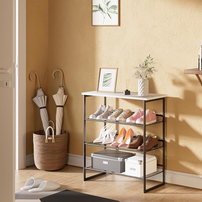 Garden 4 you 4 Tiers White Marble Shoe Rack,Freestanding Organizer Multi-Purpose Adjustable Flat and Slant Storage Rack Shoe Shelf, High Heels Potted Plant for Entryway Hallway Living Room Closet