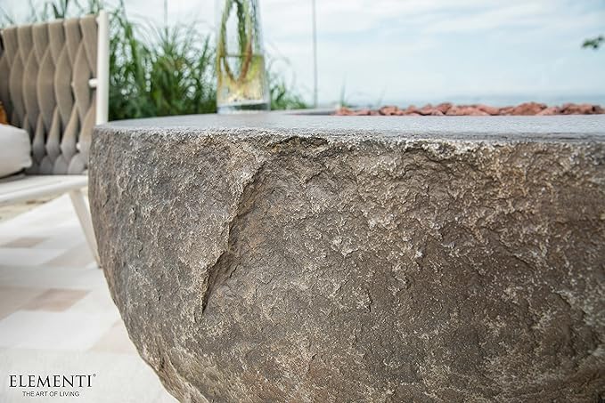 Elementi | Boulder Gas Fire Pit Cast Concrete Semi-Round Fire Table, Outdoor Fire Pit Electronic Ignition | Canvas Cover, Lava Rock Included | Natural Gas