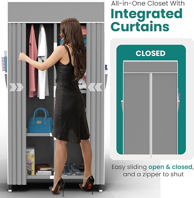 Portable Closet Wardrobe with 6 Storage Shelves and 1 Hanging Rack | Small Closet Clothes Organizer Portable Wardrobe Closet for Hanging Clothes (Grey, Small)