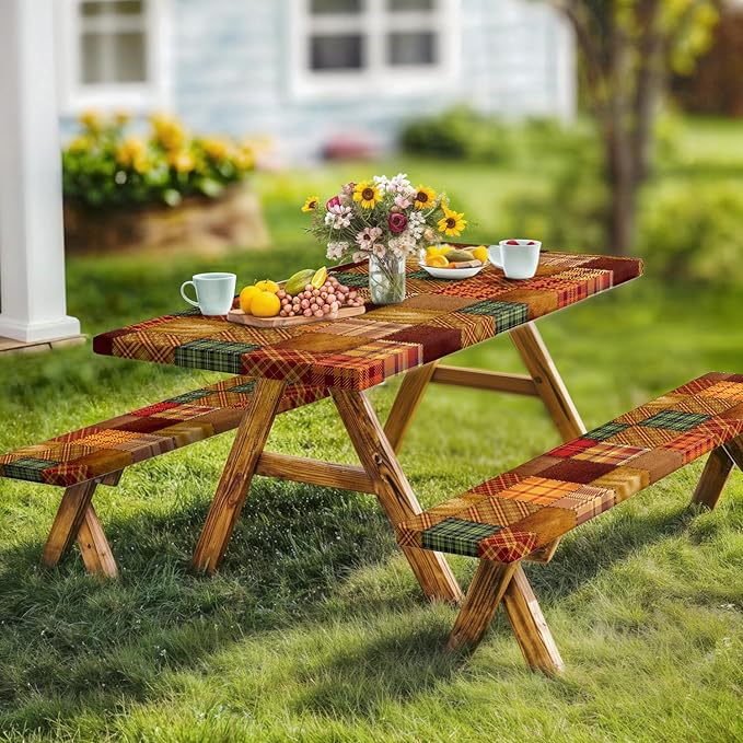 JAWO Picnic Table Covers with Bench Covers Fall Autumn Camping Tablecloth Fitted Picnic Table Cover with Elastic Windproof Waterproof Fabric, Camping Accessories Patio & Outdoor