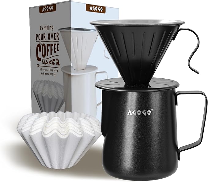 AGOGO Camping Pour Over Coffeemaker Set with Paper Filter Stainless Steel (Black, 600ml)
