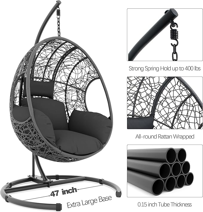 Oversized Hanging Egg Chair Outdoor Indoor, Wicker Swing Egg Chair with Stand 400lbs Capacity for Bedroom, Patio, Garden and Balcony (Grey-nest, Oversize)