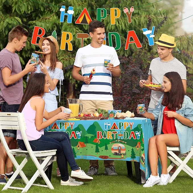 Happy Camper Birthday & Camping Party Decorations Set - Serves 25 with Disposable Plates, Cups, Napkins, Tablecloth & Banner, 1st Birthday, Camping Themed Events & Wedding Parties