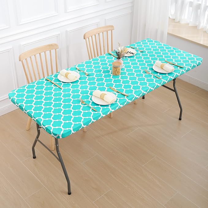 Smiry Rectangle Picnic Table Cover, Waterproof Elastic Fitted Camping Tablecloths for 8 Foot Tables, Wipeable Flannel Backed Vinyl Tablecloth Protector for Indoor, Outdoor (Teal, 30x96 Inches)