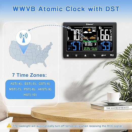 Geevon Weather Stations Wireless Indoor Outdoor with Atomic Clock, Color VA Display Digital Temperature Humidity Monitor with Barometer, Comfort Indicator, and Adjustable Backlight