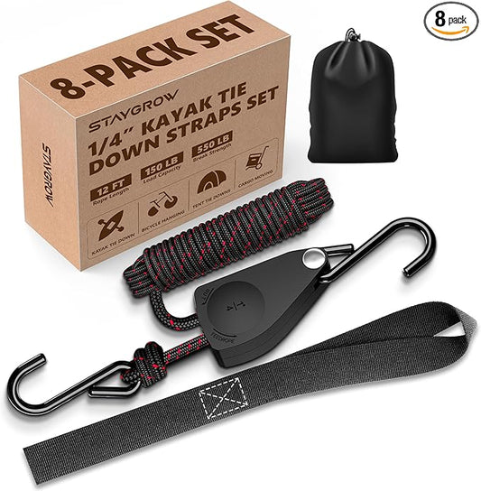 Kayak Straps Tie Downs 8 Pack Set, Roof Rack Straps Adjustable Ratchet Tie Down Straps with Lock S Hooks, 1/4 Inch 12 Feet Ratchet Straps for Small Cargo, Kayak-Soft Loops, Packing, Camping Gear