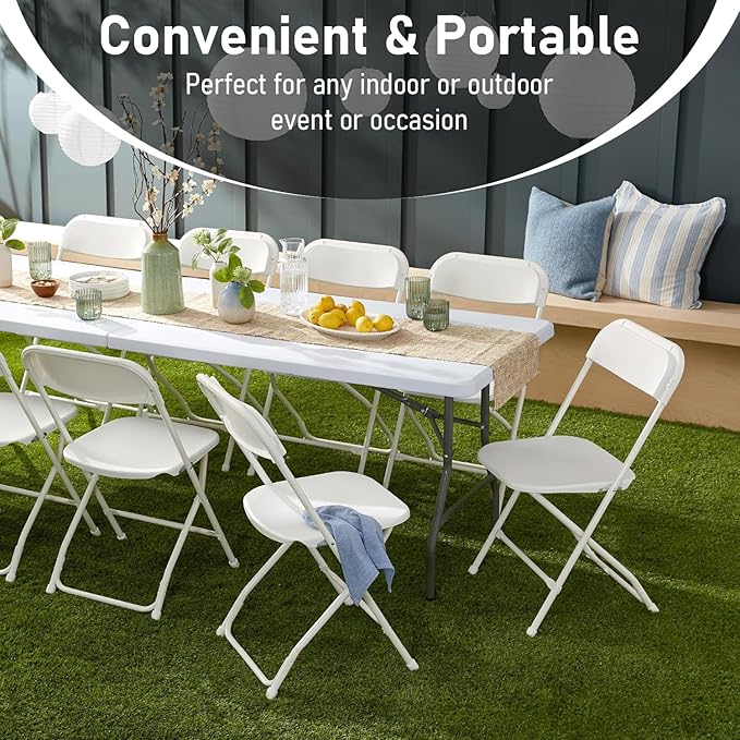 6ft Heavy Duty Portable Folding Table - Plastic Dining Table Indoor/Outdoor White Plastic Table for Parties, BBQs, and Camping