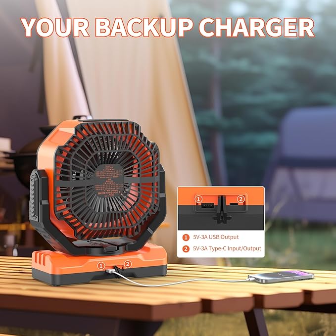 MORECORE 40000mAh Battery Operated Camping Fan with Light, 120HRS Running, Powerful 4 Speeds & Auto Oscillating, with Timer & Hook, for Travel Tent RV Emergency Hurricane Jobsite Garage-Orange