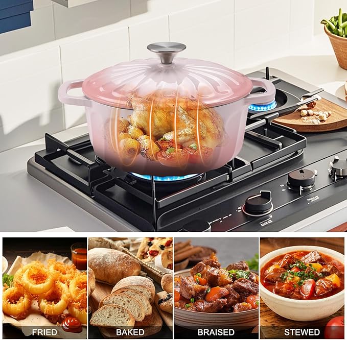 Enameled Cast Iron Dutch Oven with Lid, 3 QT Dutch Oven Pot for Bread Baking, Heavy Duty Cast Iron Pot for Braising, Cook, Bake, Oven Safe across All Cooktops (Gradient Pink,3 QT)