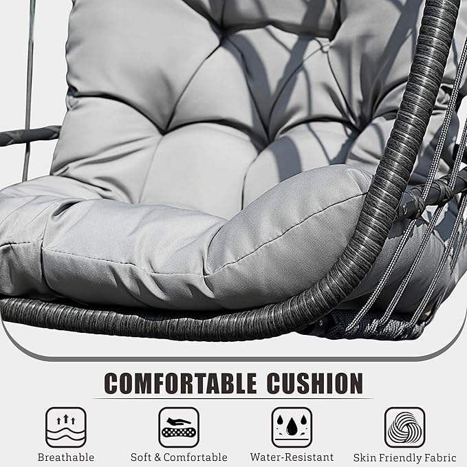 HWB Hanging Egg Chair with Stand, Patio Wicker Hammock Egg Swing Chair with Cushion for Bedroom Garden Indoor Outdoor (Grey)